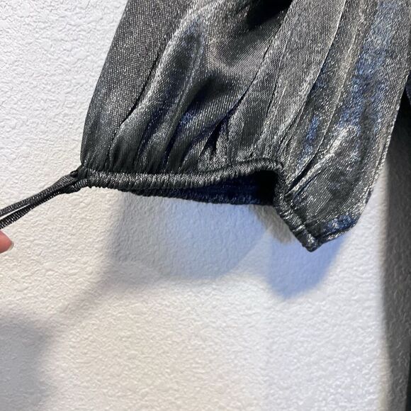 Free People Mara Dark Grey Metallic Puff Sleeve Shift Dress Oversized Size Large - Picture 5 of 10